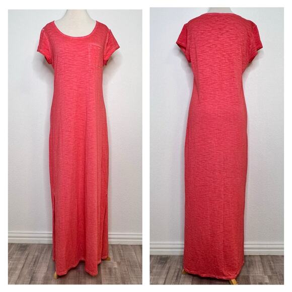 Chicos Maxi T-Shirt Dress Sz 1 Medium Coral Slub Knit Short Sleeve Summer Beach